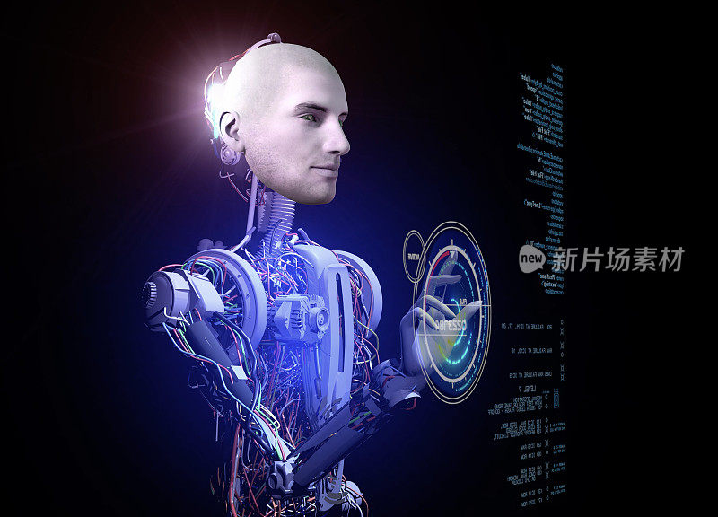 男人面对人工智能机器人编码与虚拟计算机