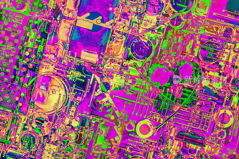 彩色程式化超现实电子电路板细节艺术表现
