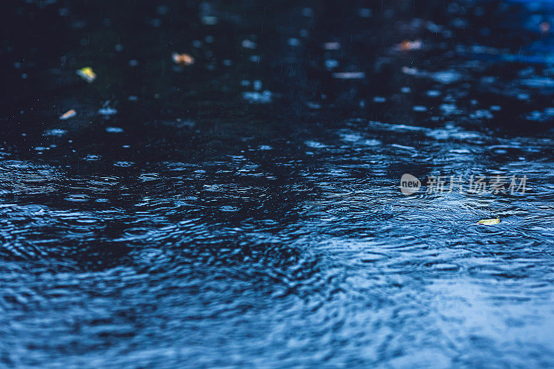 阴雨天气背景。雨滴。水坑