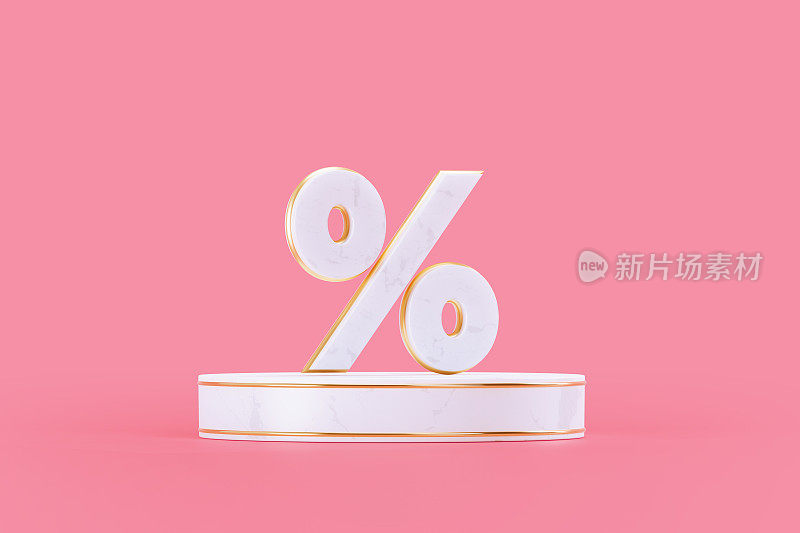 百分比标志在大理石纹理白色讲台上粉红色的背景
