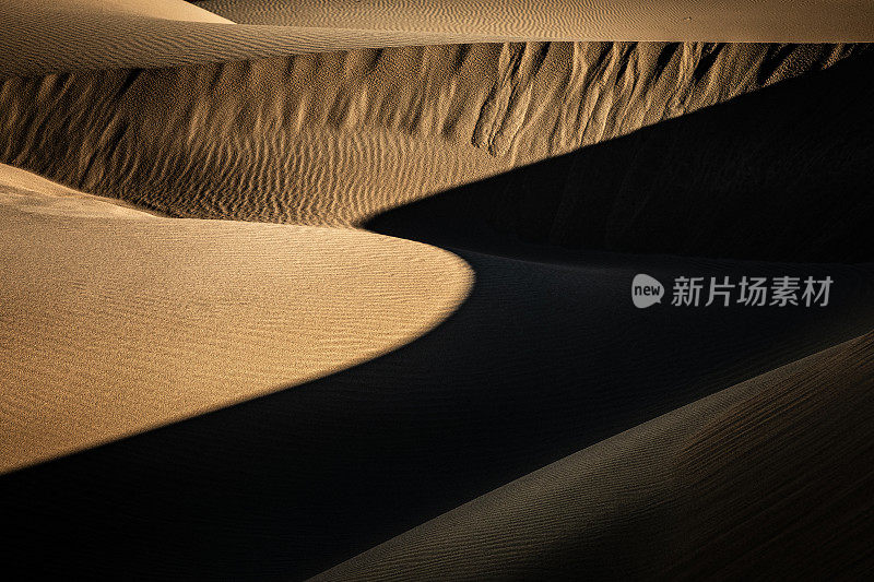 日出的全帧投射阴影在独特的光滑形状的金色沙漠沙丘