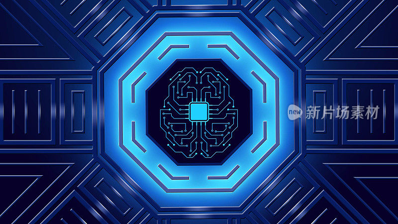 现代未来主义背景与发光的霓虹灯蓝色和象征性的人类大脑为中心的八角形元素-数字网络信息技术的概念