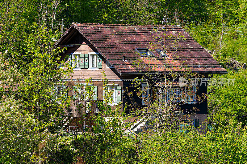 风景如画的风景与传统的房子，坡屋顶和粘土瓦在瑞士小镇。