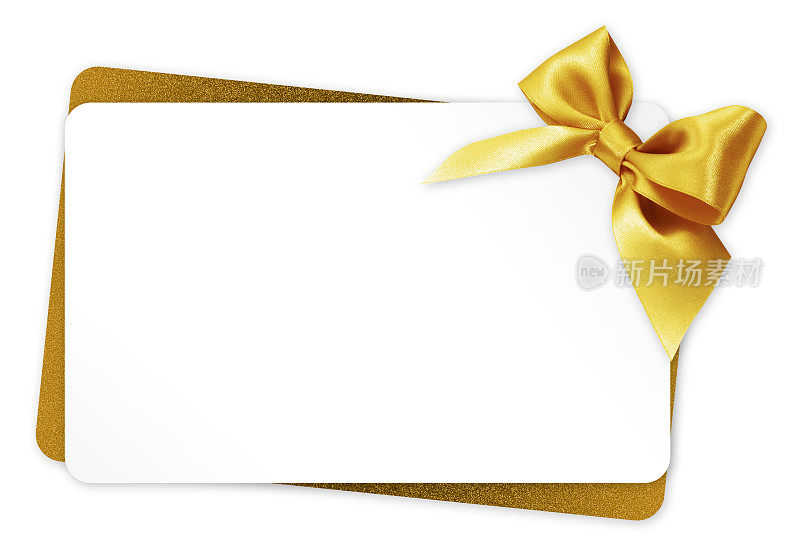 礼品卡与金色丝带蝴蝶结孤立在白色背景