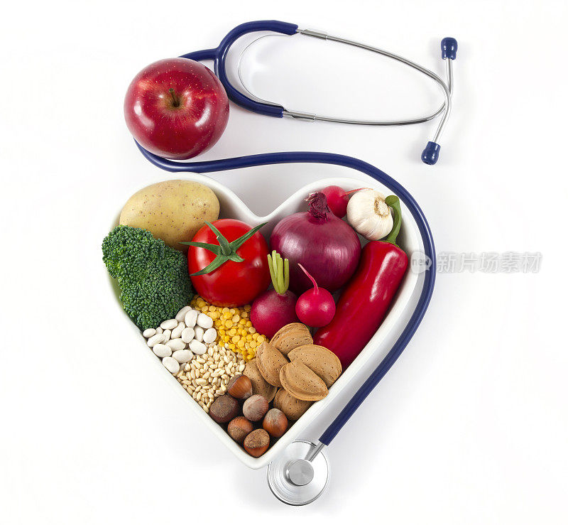 心脏健康与健康食品和听诊器