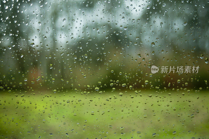 在雨天透过窗户花园。