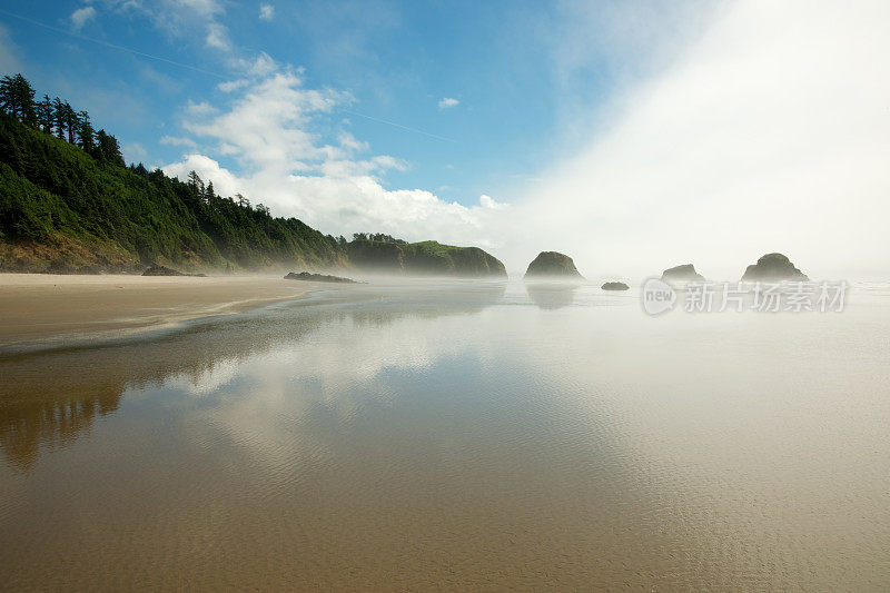 晨雾穿过新月海滩