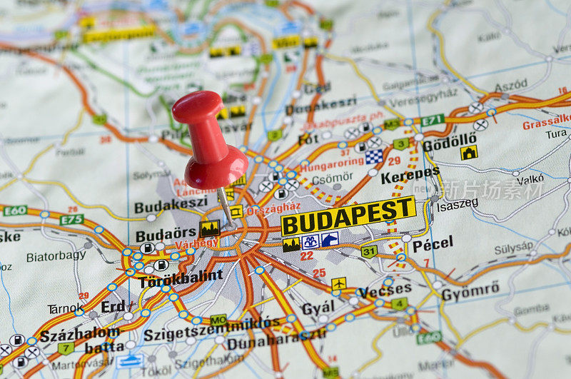 地图上的图钉，匈牙利布达佩斯