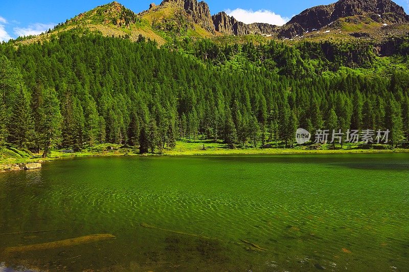 高山湖泊:意大利泰洛阿尔卑斯山脉，日出时田园诗般的白云石景观