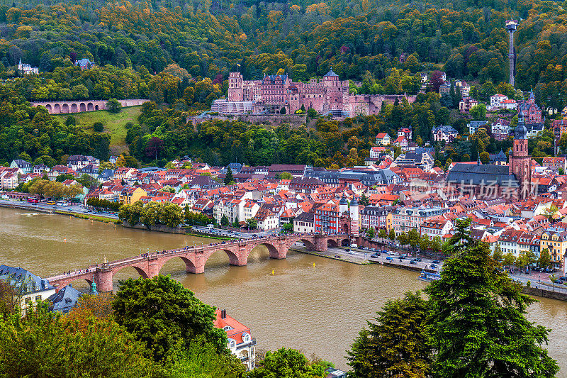 在秋天的海德堡与红色树叶包括卡尔西奥多老桥，内卡河，教堂的圣灵，德国