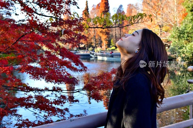 日本年轻女子与各种不同的面部表情在猪城公园，东京