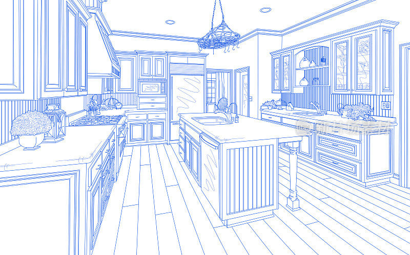 蓝色定制厨房设计图纸上的白色