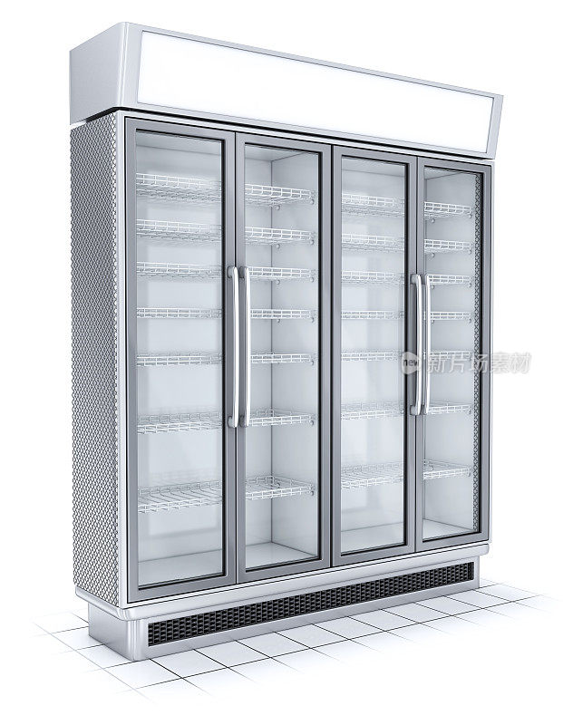 冰箱与透明玻璃隔离。冰箱展示在白色的背景。