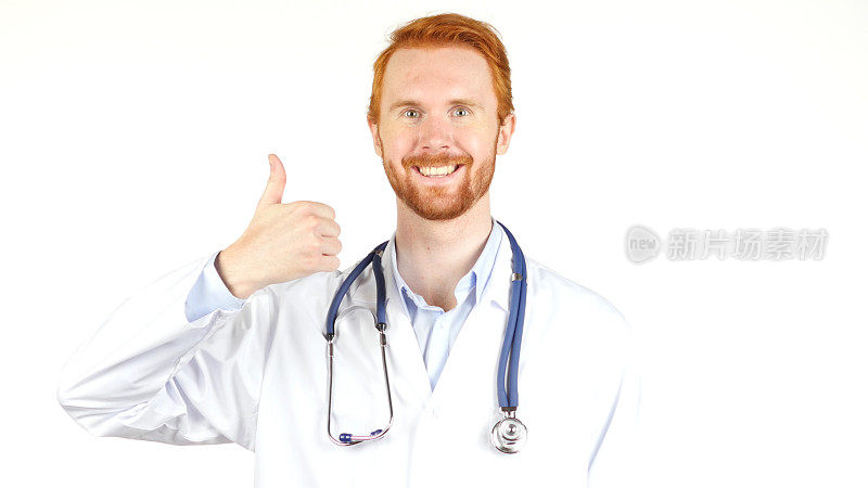 医生的肖像，竖起大拇指，白色背景
