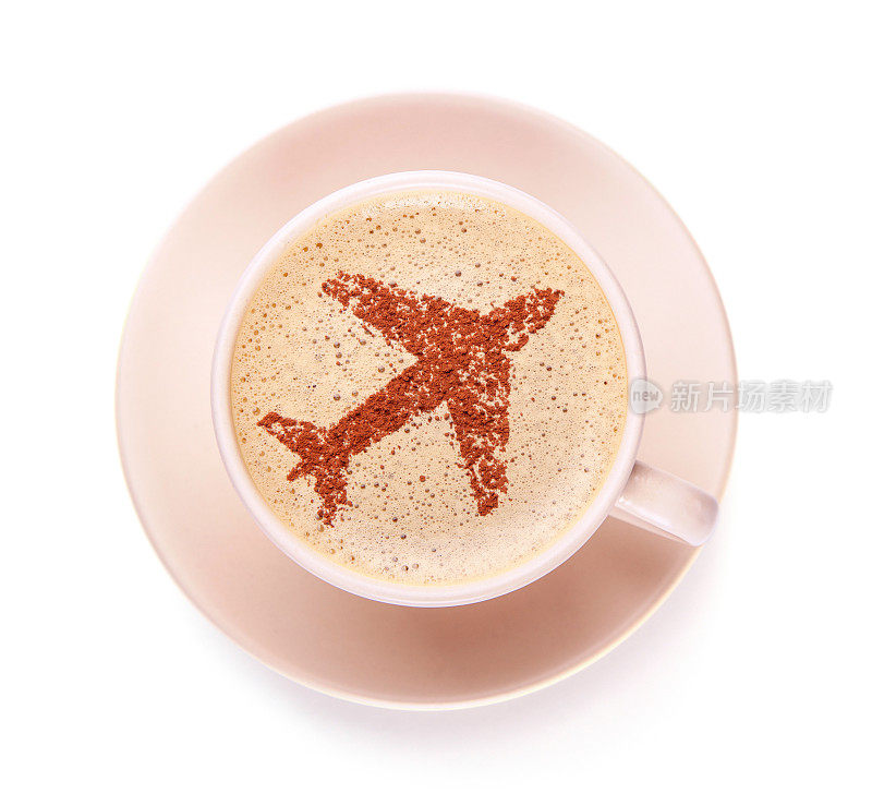 一杯泡着飞机的咖啡。早晨喝咖啡