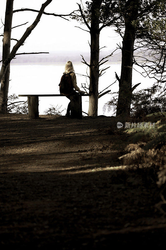 一个孤独的年轻女子坐在林间小路尽头的长凳上，沉思着静静地望着大海