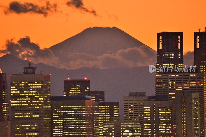 富士山和东京的天际线:白天和黑夜