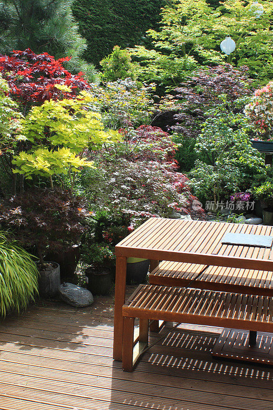 东方花园的木条花园桌子和长凳的图像，具有日本元素，花岗岩灯笼，竹子，观赏草，盆景和日本枫树(槭树)