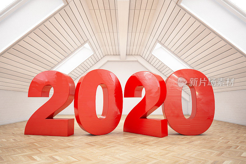 2020年，空阁楼上的文字。新年的概念