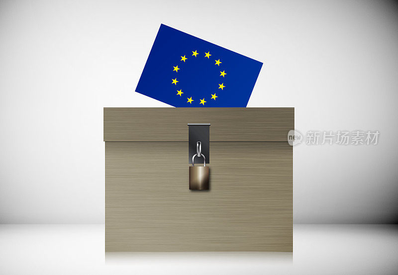 投票箱和欧盟旗帜。选举的概念。