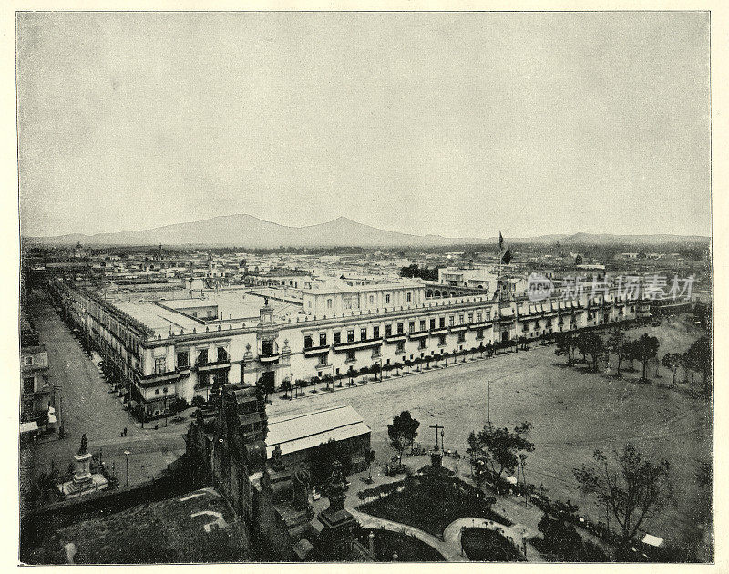 墨西哥城市全景，19世纪，古老的照片