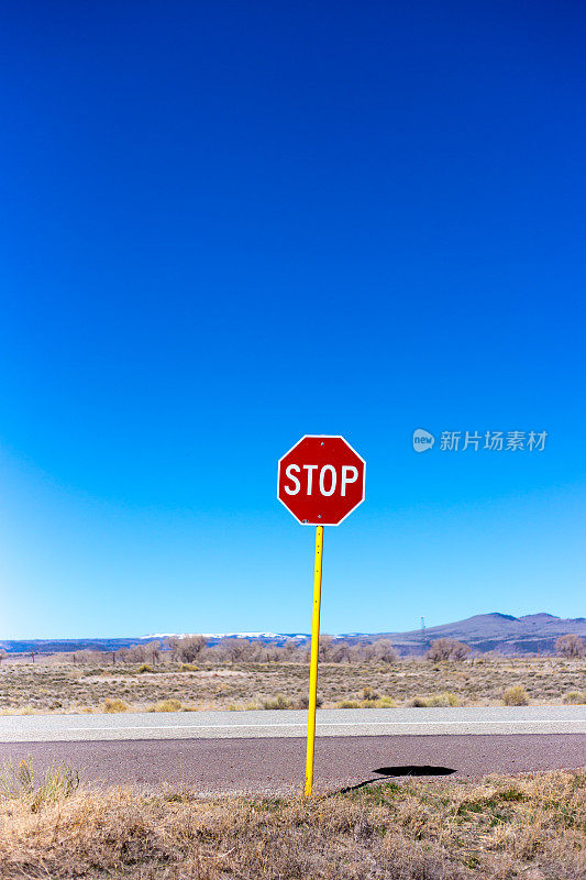 停止标志，蓝天，道路，沙漠空虚