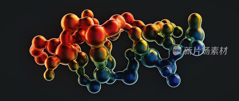闪亮的人造分子结构有许多颜色。水平构图，孤立在黑色背景上。