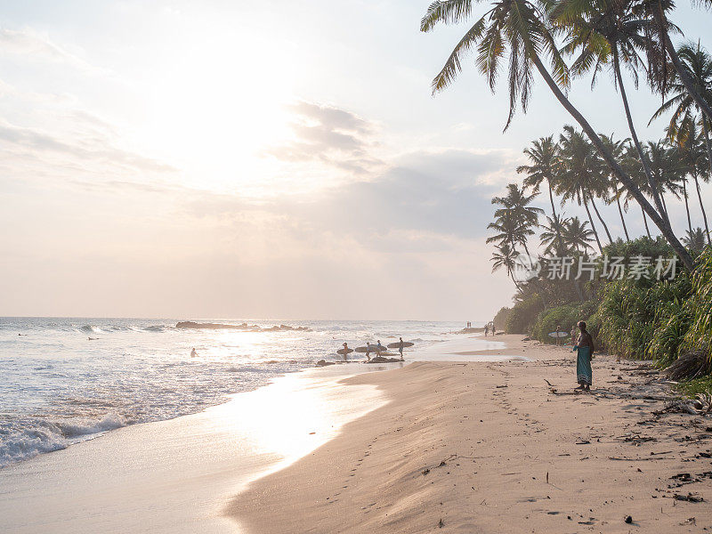 在斯里兰卡的海滩上，田园诗般的热带气候下，夕阳西下