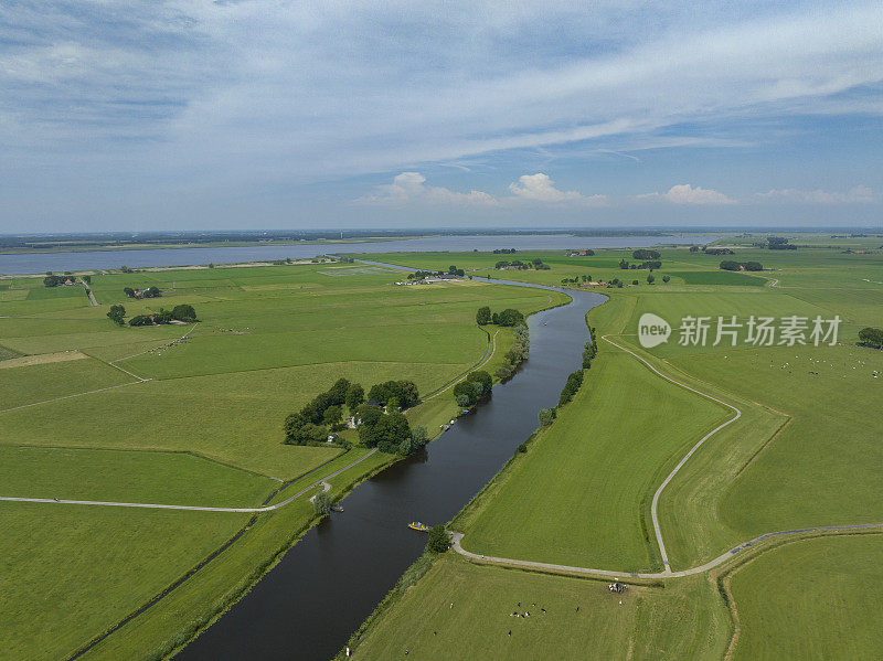 从上面看到一条河流穿过草地的乡村景观