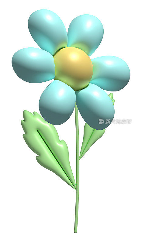 卡通风格的3d雏菊花。可爱的蓝甘菊。3d渲染弹簧插图。适用于节日装饰、聚会、产品、社交网站横幅等装饰。