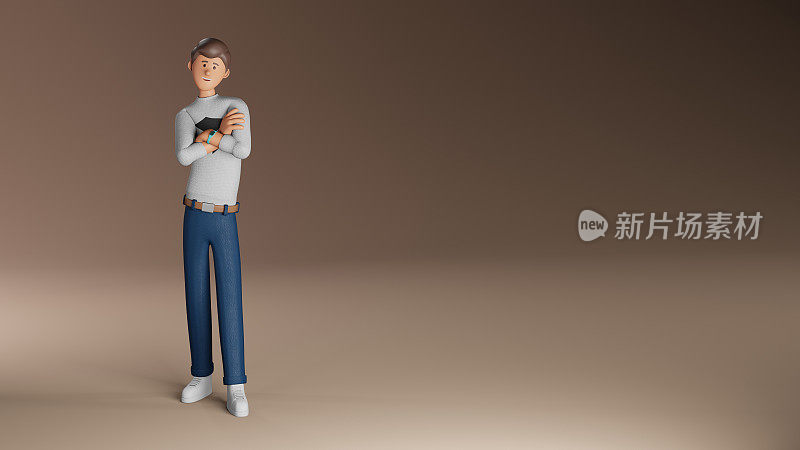 3d渲染的男性角色与双手交叉。有放置文字的横幅。用于商业设计，在线平台，网站。一个年轻的友好的人微笑和交叉双臂的3D模型。