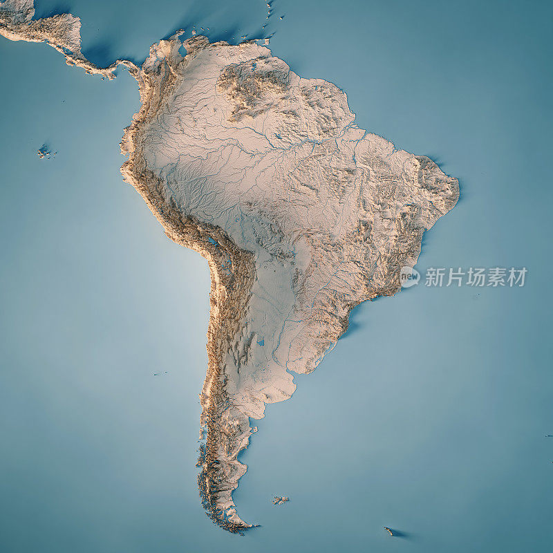 南美洲大陆地形图3D渲染中立