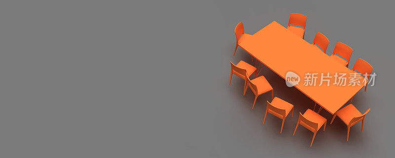 橙色的会议桌上空着几把不同意的椅子。高角度视图。