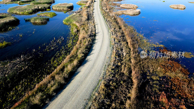 从上方穿过北加州野生动物保护区湿地的道路