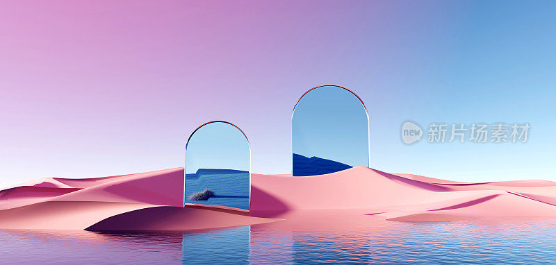 超现实的粉彩景观背景与几何形状，抽象梦幻的沙漠沙丘在调味景观与拱门，全景，未来的场景与复制空间，蓝天和多云