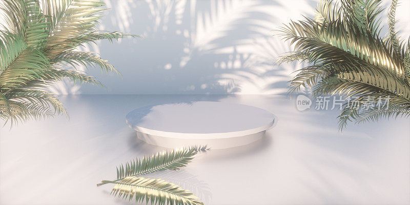 圆柱形产品展示台座裙台为美容护肤天然概念产品。阳光与热带树叶阴影的背景。圆，展示，舞台，模板渲染3d