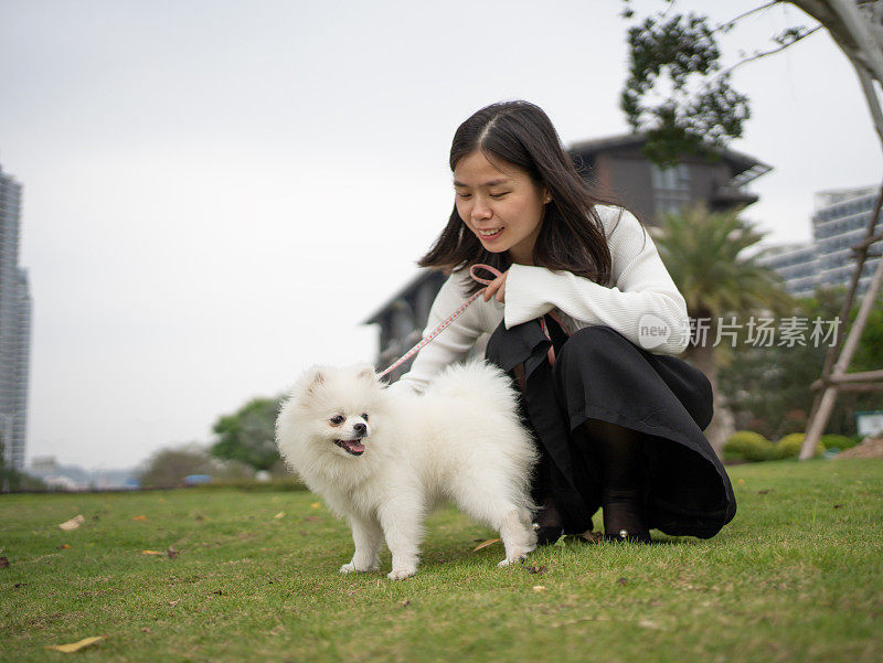 在草地上和宠物狗玩耍的女人