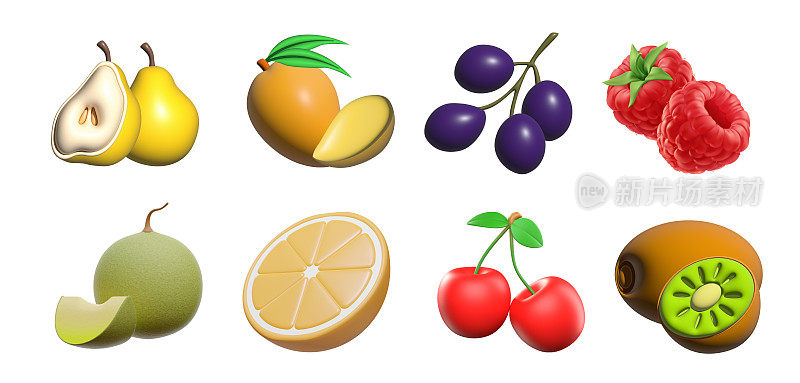 新鲜水果。3d插图图标设置。现实的例子