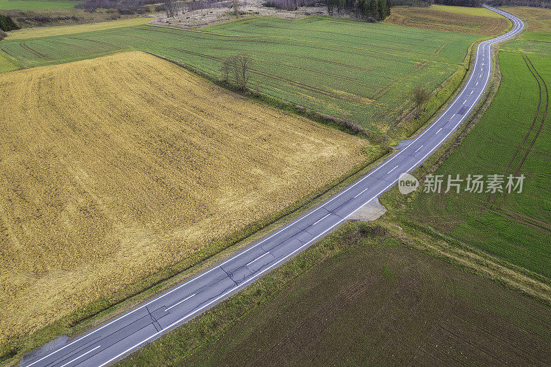 乡村景观中蜿蜒的乡村道路(空中)