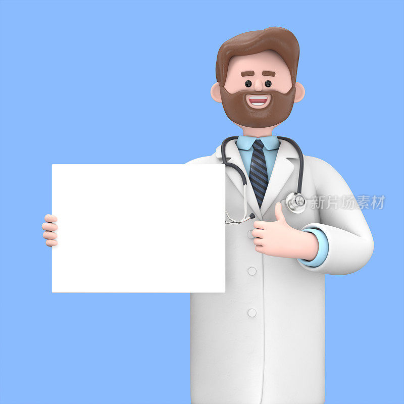 男医生艾弗森的三维插图拿着标书大拇指向上，医学演示剪贴画隔离在蓝色背景
