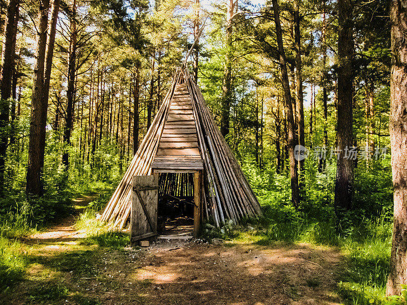 欧洲森林里用木板做的帐篷，过夜的庇护所。