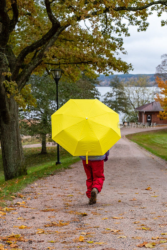 孩子，白人女孩，8岁，秋天散步。一个孩子撑着一把明黄色的伞穿过秋天的公园。