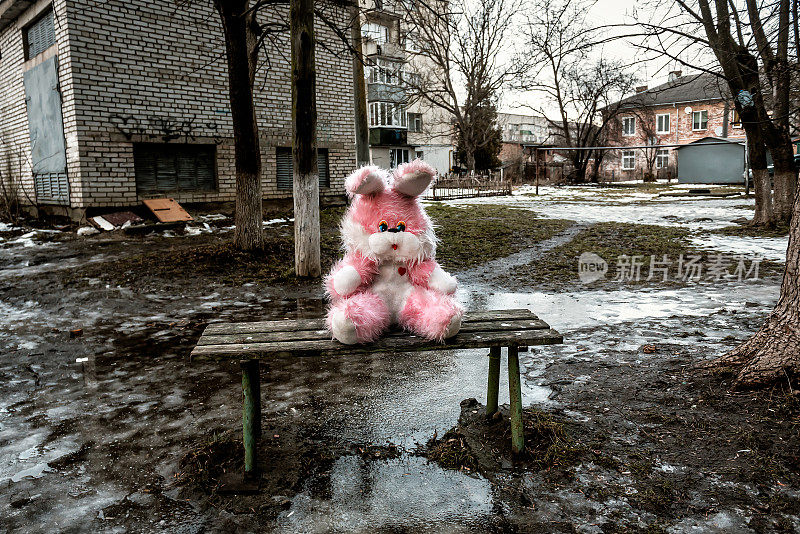 在一个贫困的居民区，一只粉红色的长毛绒兔子坐在长凳上