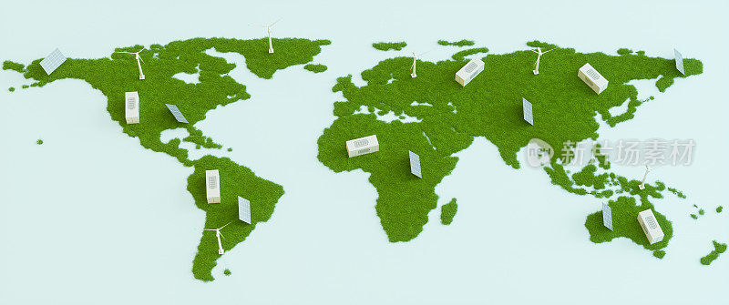 世界地图上的太阳能电池板，风力涡轮机和锂离子电池容器。能量存储系统。