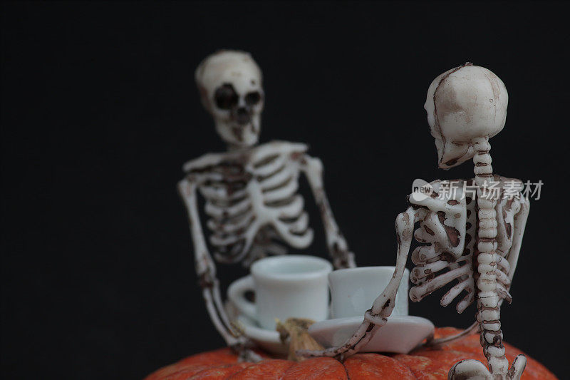 万圣节概念——两个骷髅在黑色背景下的南瓜桌上喝茶