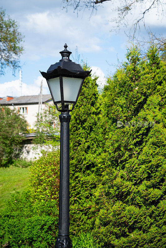 公园里的黑色金属灯笼映衬着蓝天和绿色的灌木丛。