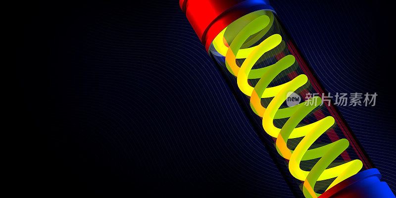 发光的DNA链在透明的化学管在黑色的空白空间霓虹黄色