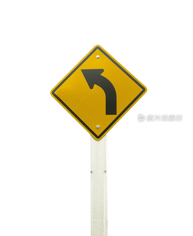 左边的弯道上有警告标志，表示前面是一条左弯道。