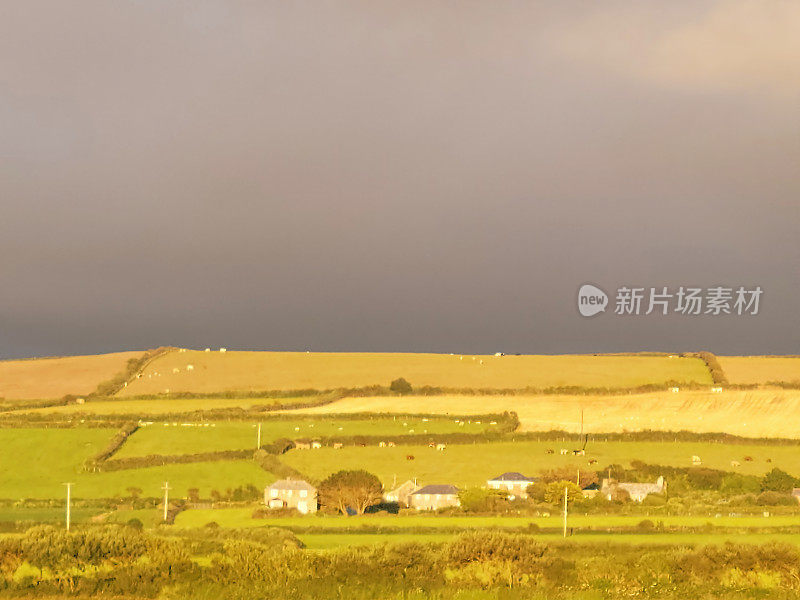 日落时分，在暴风雨的天空下，坦塔格尔附近的康沃尔乡村