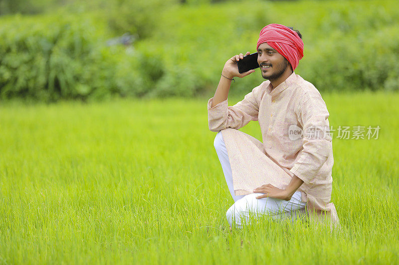 印度农民在农田里用智能手机聊天。